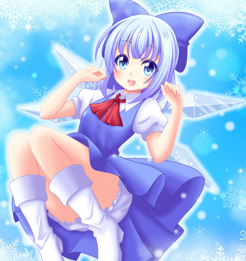 1girl alternate_footwear arms_up bloomers blue_background blue_dress blue_eyes blue_hair blush boots cirno dress folded_leg hair_ribbon highres looking_at_viewer open_mouth puffy_short_sleeves puffy_sleeves reimei_(r758120518) ribbon round_teeth short_hair short_sleeves snowflakes solo teeth touhou underwear white_boots wings