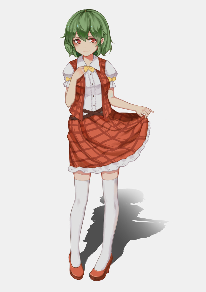 1girl absurdres anhao bangs belt bow bowtie closed_mouth collared_shirt dress_shirt frilled_skirt frilled_sleeves frills full_body green_hair hand_on_own_chest hand_up highres kazami_yuuka looking_at_viewer open_clothes open_vest pinky_out plaid plaid_skirt plaid_vest puffy_short_sleeves puffy_sleeves red_eyes red_shoes shadow shirt shoes short_sleeves simple_background skirt skirt_hold skirt_set smile solo standing thigh-highs touhou vest white_background white_legwear white_shirt wing_collar yellow_bow yellow_bowtie
