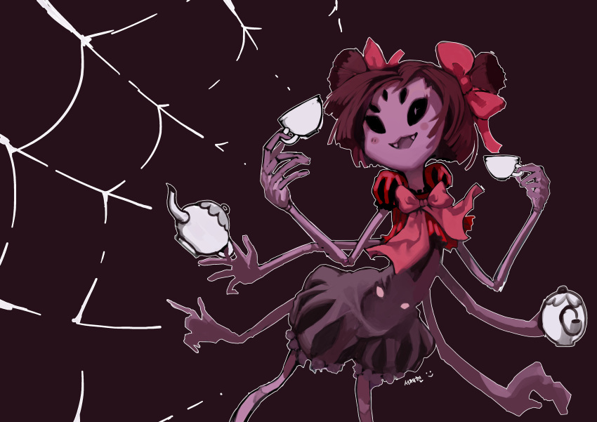 1girl absurdres blush_stickers bow brown_hair cup dress extra_eyes fangs highres insect_girl muffet puffy_short_sleeves puffy_sleeves purple_skin short_sleeves short_twintails silk sjh smile solo spider_girl spider_web teacup teapot twintails undertale