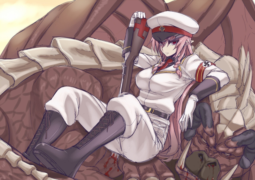 1girl armband belt black_boots blood boots braid breasts closed_mouth commentary_request cross-laced_footwear elf full_body gloves gun hat lace-up_boots large_breasts long_hair looking_at_viewer military military_uniform monster nazi necktie original peaked_cap pink_hair pointy_ears red_eyes red_necktie rifle sengoku_aky sitting swastika twin_braids uniform very_long_hair weapon white_gloves