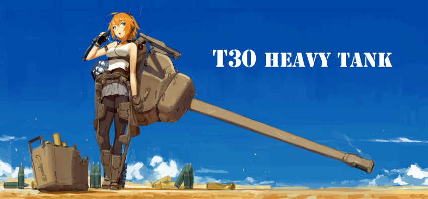 :o ahoge blonde_hair blue_eyes gloves highres hip_flask miniskirt pantyhose parted_lips pleated_skirt skirt t30_heavy_tank tank_top tommy830219 turret weapon