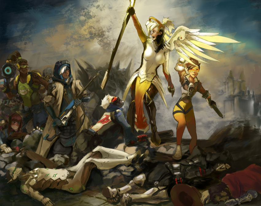 4girls 5boys armor bastille blush brown_hair castle coat corpse d.va_(overwatch) dark_skin fine_art_parody genji_(overwatch) goggles gun hairlocs hanzo_(overwatch) highres liberty_leading_the_people looking_back looking_up lying mask mccree_(overwatch) mechanical_wings mercy_(overwatch) multiple_boys multiple_girls open_mouth overwatch parody ponytail profile quentin_lecuiller reaper_(overwatch) rifle robot short_hair skin_tight sniper_rifle soldier:_76_(overwatch) staff tracer_(overwatch) weapon white_hair wings