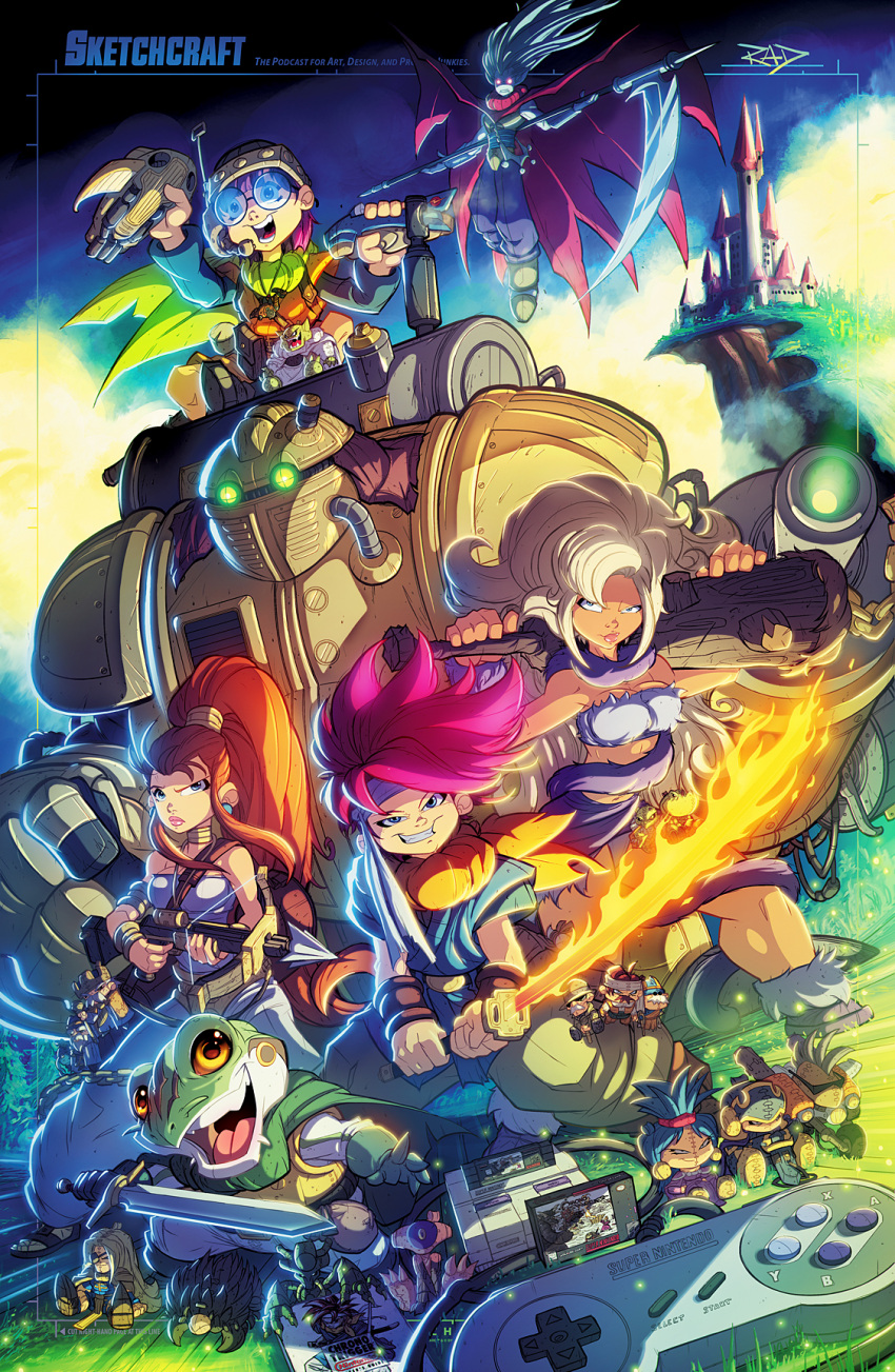 3boys 3girls ayla_(chrono_trigger) bow_(weapon) breasts cape castle character_doll character_request chrono_trigger cleavage cliff club controller cover crono crossbow doll everyone flaming_sword frog game_cartridge game_console game_controller game_cover glasses grass headband helmet highres kaeru_(chrono_trigger) looking_at_viewer lucca_ashtear magus marle monster_boy multiple_boys multiple_girls nintendo ponytail rob_duenas robo robot scarf scythe smile spiky_hair square_enix stuffed_toy super_nintendo sword video_game weapon