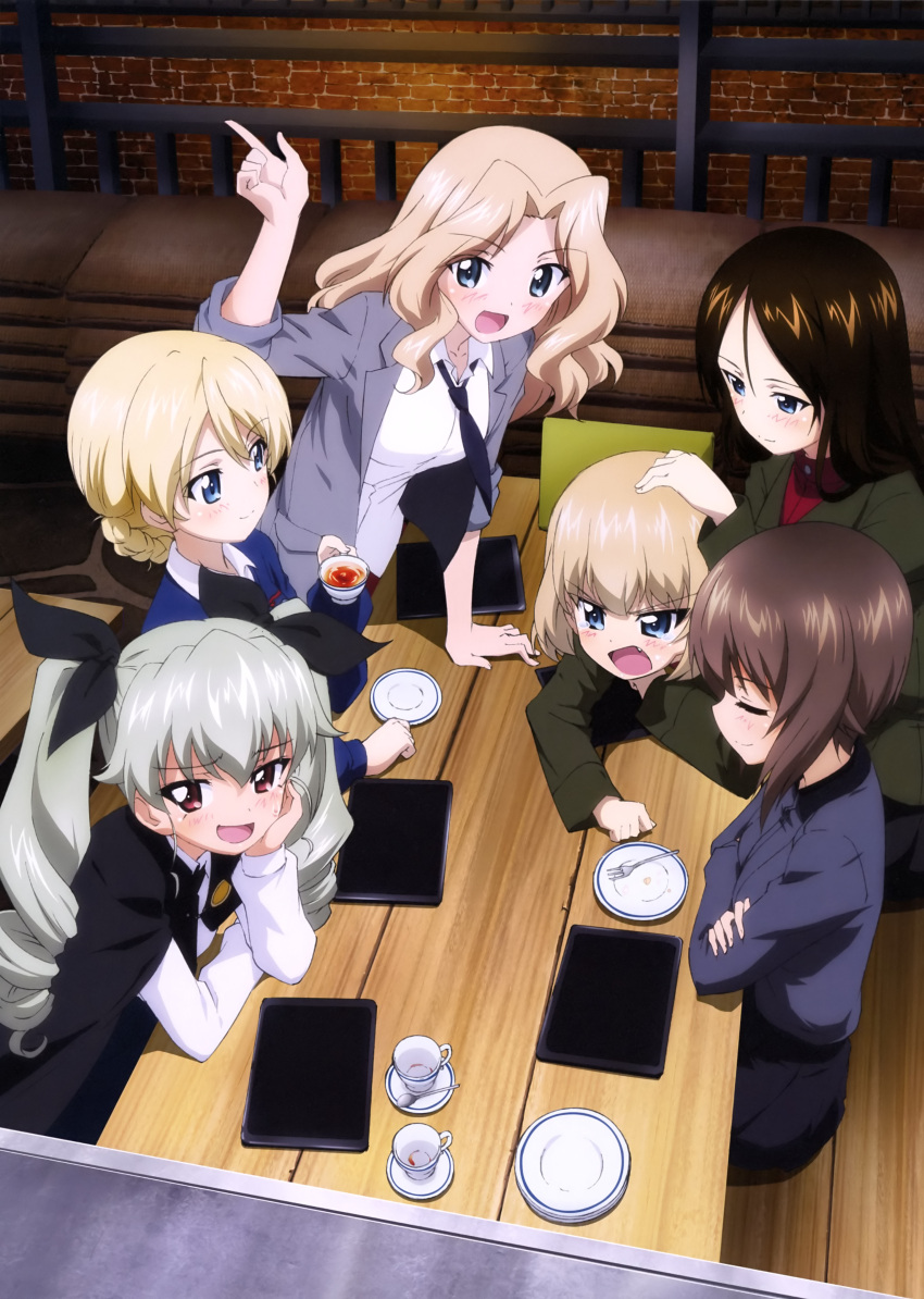 6+girls :d absurdres anchovy blazer braid crossed_arms cup darjeeling dress_shirt fang furrowed_eyebrows girls_und_panzer hand_on_another's_head highres index_finger_raised jacket katyusha kay_(girls_und_panzer) multiple_girls necktie nishizumi_maho nonna open_blazer open_clothes open_jacket open_mouth plate saucer school_uniform shirt short_hair sitting skirt smile sweatdrop tea teacup tears twintails wooden_table