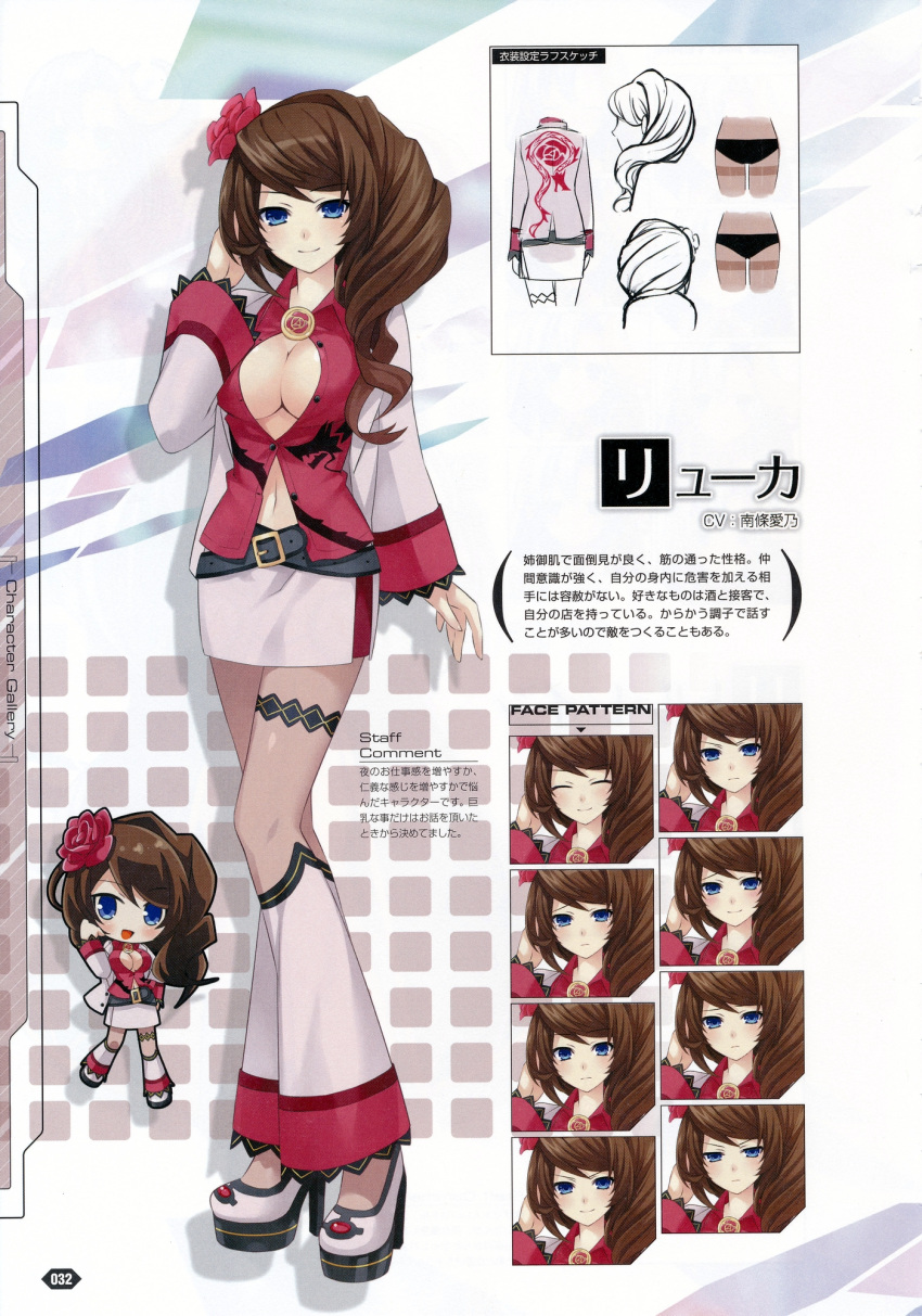 1girl ^_^ blue_eyes blush breasts brown_hair character_name character_sheet chibi chou_megami_shinkou_noire_gekishin_black_heart cleavage closed_eyes concept_art detached_sleeves expressions flower hair_flower hair_ornament high_heels highres large_breasts long_hair looking_at_viewer miniskirt neptune_(series) official_art pantyhose ryuuka simple_background skirt smile tears tsunako