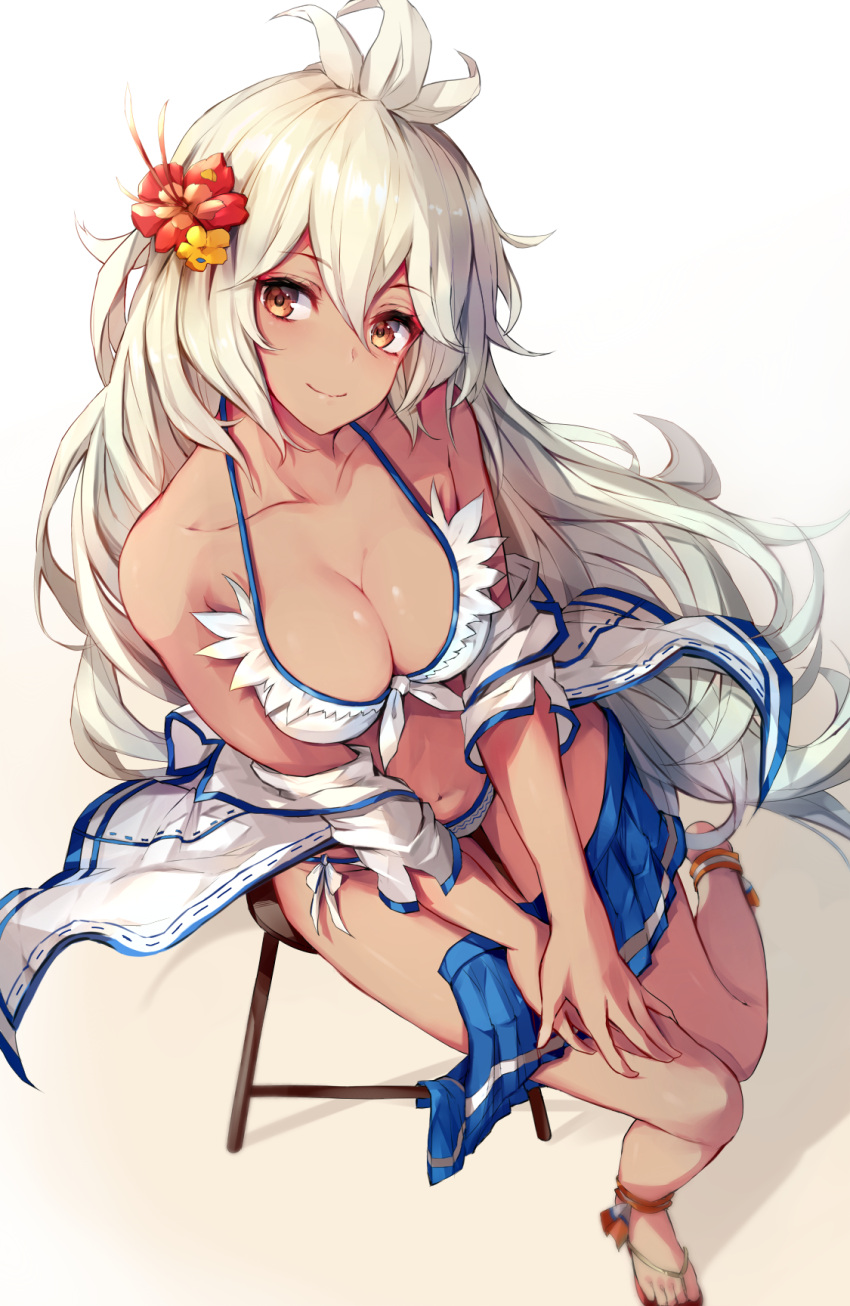 1girl ahoge anklet bikini blush breasts brown_eyes cleavage collarbone dark_skin flower from_above front-tie_top granblue_fantasy hair_between_eyes hair_flower hair_ornament hand_on_legs highres jewelry long_hair looking_at_viewer navel oyu_(sijimisizimi) sandals shiny shiny_skin simple_background sitting smile solo stool swimsuit the_order_grande thigh_gap toes very_long_hair white_bikini white_hair
