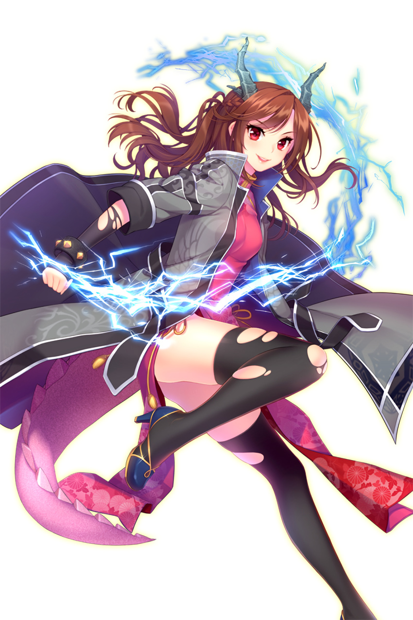 1girl black_legwear brown_hair electricity high_heels highres horns jacket long_hair looking_at_viewer official_art one_leg_raised open_mouth red_eyes shirahane_nao sky_(soccer_spirits) soccer_spirits solo thigh-highs