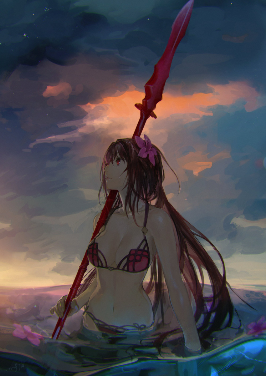 1girl absurdres artist_name bikini breasts cleavage clouds fate/grand_order fate_(series) film_grain flower gae_bolg hair_flower hair_ornament highres holding holding_weapon large_breasts lips long_hair looking_up mifuji_kiichi navel ocean outdoors parted_lips partially_submerged polearm purple_hair red_eyes scathach_(fate/grand_order) side-tie_bikini sky solo spear star_(sky) starry_sky sunset swimsuit very_long_hair water weapon