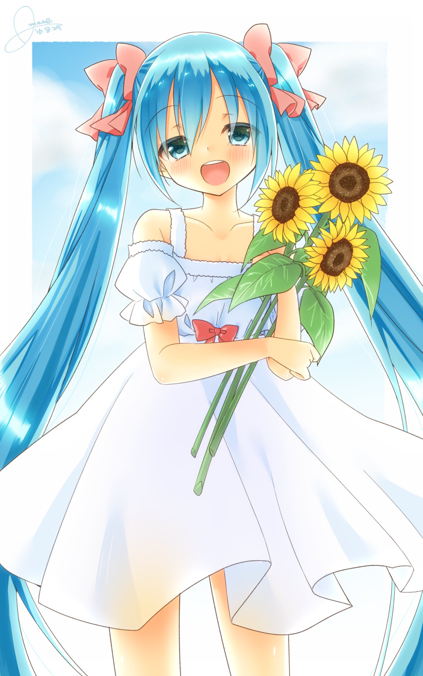 1girl 2016 absurdres amane_(amnk1213) blue_eyes blue_hair bow cowboy_shot dated dress flower hair_bow hair_flower hair_ornament hatsune_miku head_tilt highres long_hair looking_at_viewer open_mouth solo sunflower twintails very_long_hair vocaloid white_dress