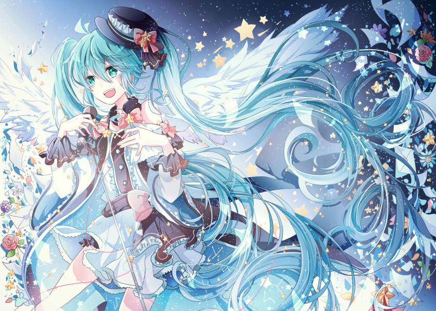 1girl aqua_hair azure-aoi- flower green_eyes hat hatsune_miku highres long_hair microphone microphone_stand open_mouth solo star twintails very_long_hair vocaloid wings