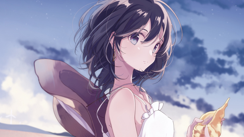 1girl bare_arms bare_shoulders beach black_hair brown_hat closed_mouth clouds dress from_side hair_between_eyes hat hat_removed headwear_removed highres holding looking_at_viewer looking_to_the_side night night_sky original outdoors sand shell short_hair sky smile solo star_(sky) starry_sky sundress umiko_(munemiu) upper_body violet_eyes white_dress wind_turbine windmill