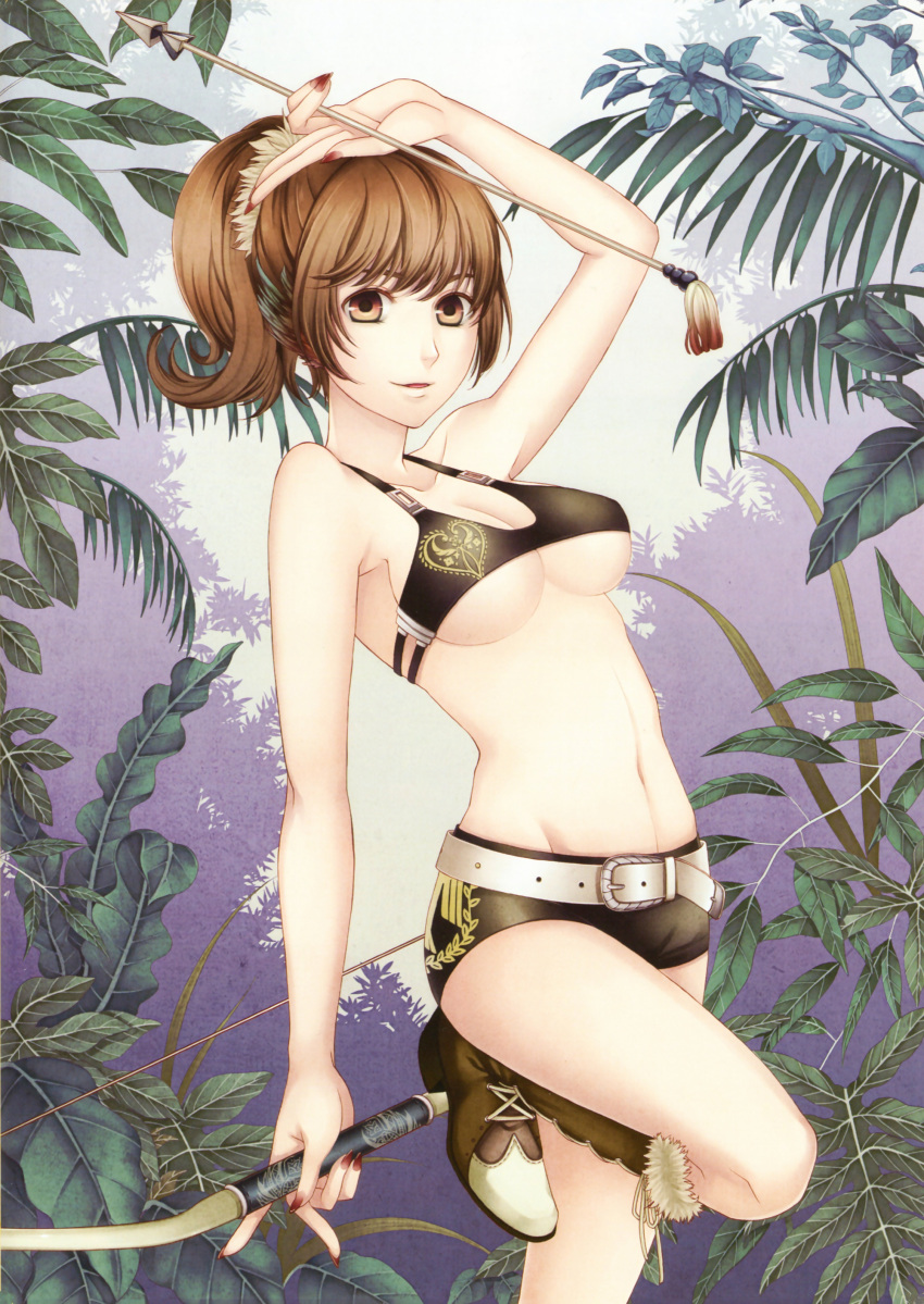 1girl absurdres arm_up arrow belt black_bra black_shorts boots bow_(weapon) bra breasts brown_eyes brown_hair cleavage genkai_tokki_monster_monpiece groin highres holding holding_weapon looking_at_viewer medium_breasts navel outdoors ponytail short_hair short_shorts shorts sideboob solo under_boob underwear weapon