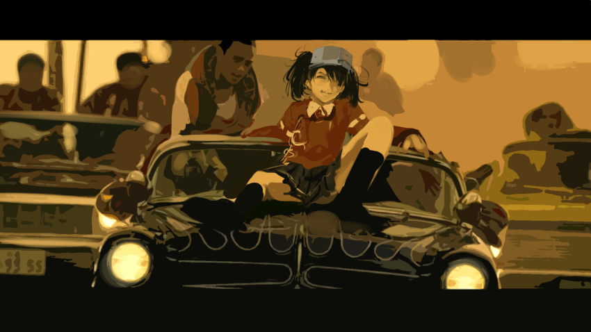 1boy 1girl bangs brown_hair car closed_eyes commentary_request faux_traditional_media grin ground_vehicle headlight high_collar highres jacket japanese_clothes kantai_collection kariginu knee_up leaning_back legs_apart motor_vehicle outstretched_arms pleated_skirt ryuujou_(kantai_collection) short_hair sitting sitting_on_object skirt sleeveless smile socks spread_arms spread_legs twintails visor_cap ze_(sawakihein)