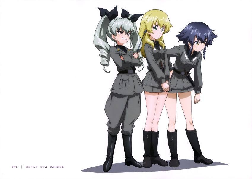 3girls absurdres anchovy carpaccio girls_und_panzer grey_hair highres multiple_girls official_art pepperoni pepperoni_(girls_und_panzer) riding_crop short_hair simple_background twintails uniform weapon white_background