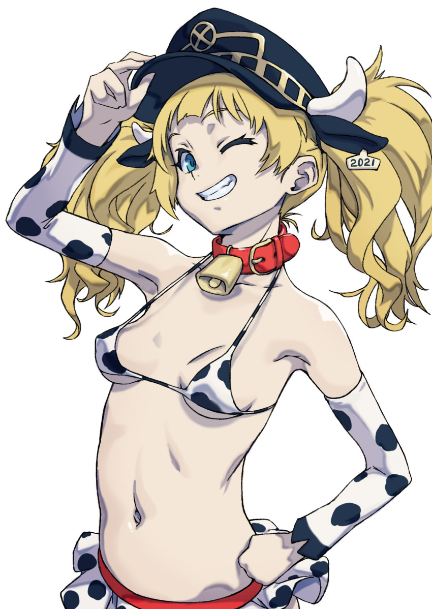 1girl 2021 animal_ears animal_print arad_baranga arm_up bell bikini blonde_hair blue_eyes breasts chinese_zodiac collar collarbone covered_nipples cow_horns cow_print cowbell detached_sleeves ear_tag fake_animal_ears hand_on_headwear hand_on_hip highres horns horns_through_headwear large_breasts long_hair medium_breasts navel neck_bell one_eye_closed red_collar shingeki_no_bahamut simple_background skirt smile solo swimsuit teeth twintails white_background white_horns year_of_the_ox