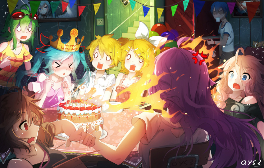 &gt;_&lt; 2boys 6+girls ahoge aqua_hair artist_name bai_yemeng birthday_cake blonde_hair blowing blue_eyes bow bowtie brown_hair cake candle clenched_hands closed_eyes crown fire food glasses_on_head gumi hair_bow happy_birthday hatsune_miku ia_(vocaloid) indoors kagamine_len kagamine_rin kaito long_hair megurine_luka meiko multiple_boys multiple_girls o_o pink_shirt red_eyes shirt square_mouth stairs striped_tank_top sweatdrop table twintails vocaloid white_bow white_bowtie you're_doing_it_wrong