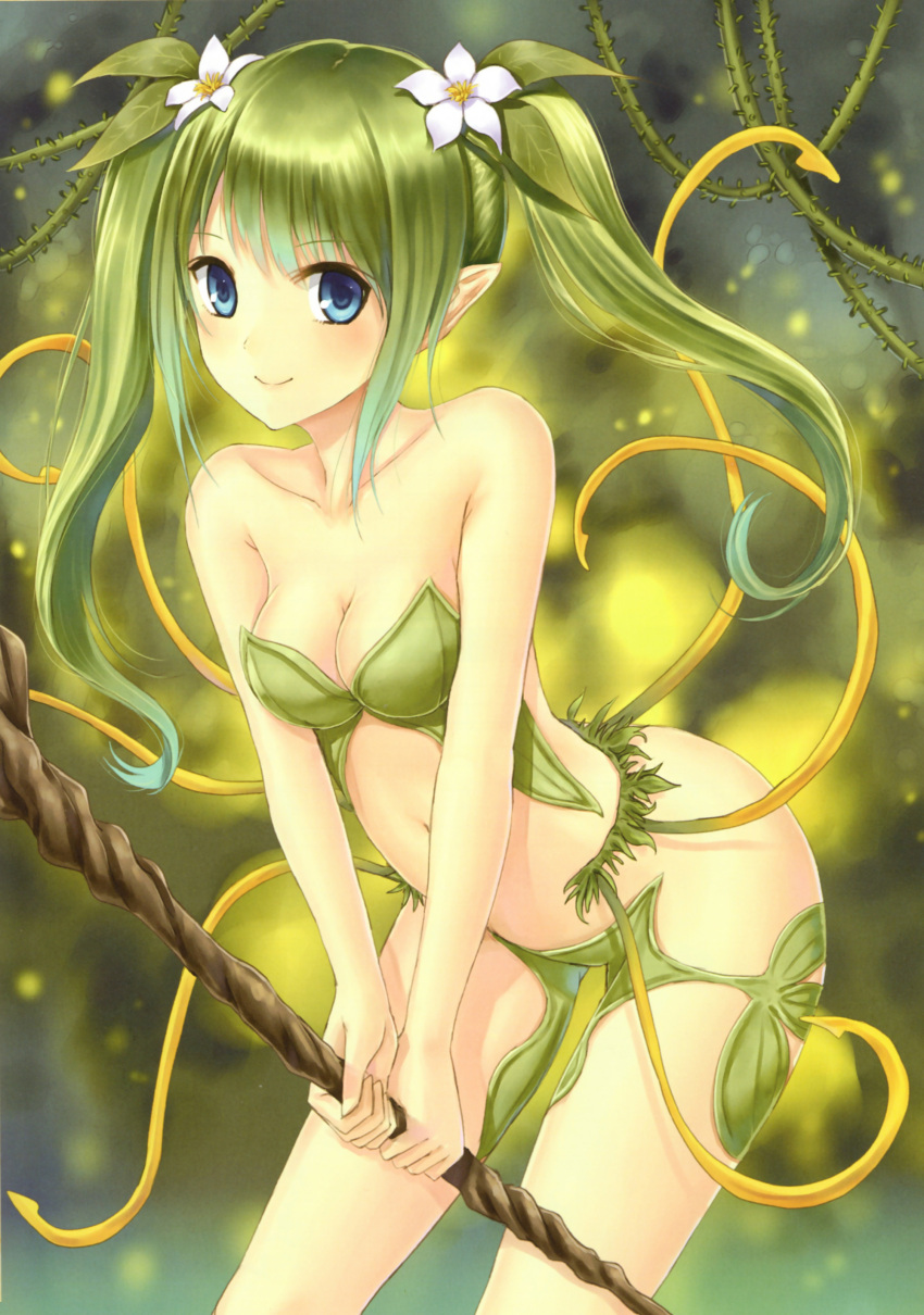 1girl absurdres blue_eyes breasts cleavage flower genkai_tokki_monster_monpiece green_hair hair_flower hair_ornament highres holding leaning_forward long_hair looking_at_viewer navel pointy_ears small_breasts solo staff twintails white_flower