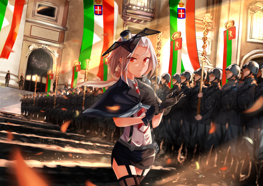 1girl 6+boys absurdres adjusting_clothes adjusting_gloves banner black_gloves capelet garter_straps gloves hat highres italian_flag italy light_rays lineup long_hair looking_at_viewer military miniskirt multiple_boys necktie pencil_skirt petals red_eyes skirt solo_focus stairs striped striped_necktie suspenders thigh-highs tuzik10 vittorio_veneto_(zhan_jian_shao_nyu) walking white_hair zhan_jian_shao_nyu