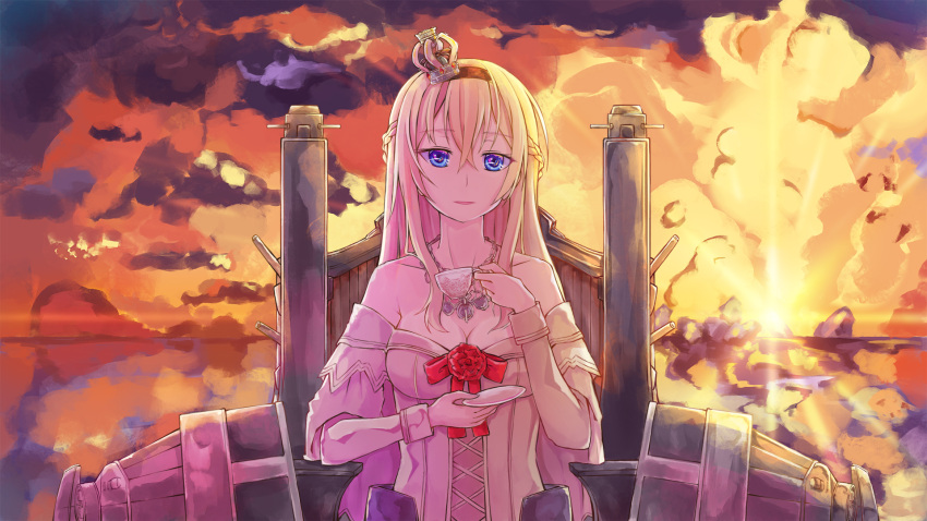 1girl bare_shoulders blonde_hair blue_eyes braid breasts cleavage clouds cloudy_sky commentary_request crown cup dying0414 french_braid hairband highres holding horizon jewelry kantai_collection long_hair looking_at_viewer machinery mini_crown necklace ocean parted_lips sky smile solo sunset teacup warspite_(kantai_collection)