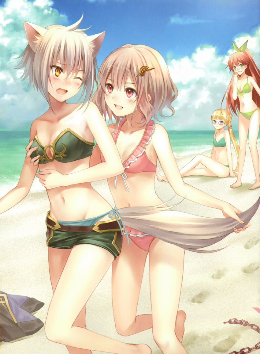 4girls :d absurdres animal_ears bare_shoulders barefoot beach bikini blonde_hair blue_eyes blush breast_grab breasts brown_hair character_request cleavage clouds collarbone covering_mouth elsa_(genkai_tokki_monster_monpiece) embarrassed eye_contact fenrir_(genkai_tokki_monster_monpiece) footprints frilled_bikini frills front-tie_bikini front-tie_top fukahire_sanba genkai_tokki_monster_monpiece glasses grabbing green_bikini green_eyes green_ribbon green_skirt groin hair_ornament hair_ribbon hand_over_own_mouth high_ponytail highres long_hair looking_at_another medium_breasts mei_esperio microskirt multiple_girls navel o-ring_top ocean one_eye_closed open_mouth outdoors pink_bikini red-framed_eyewear ribbon semi-rimless_glasses short_hair side-tie_bikini silver_hair sitting skirt sky small_breasts smile swimsuit tail tail_grab twintails under-rim_glasses water yellow_eyes
