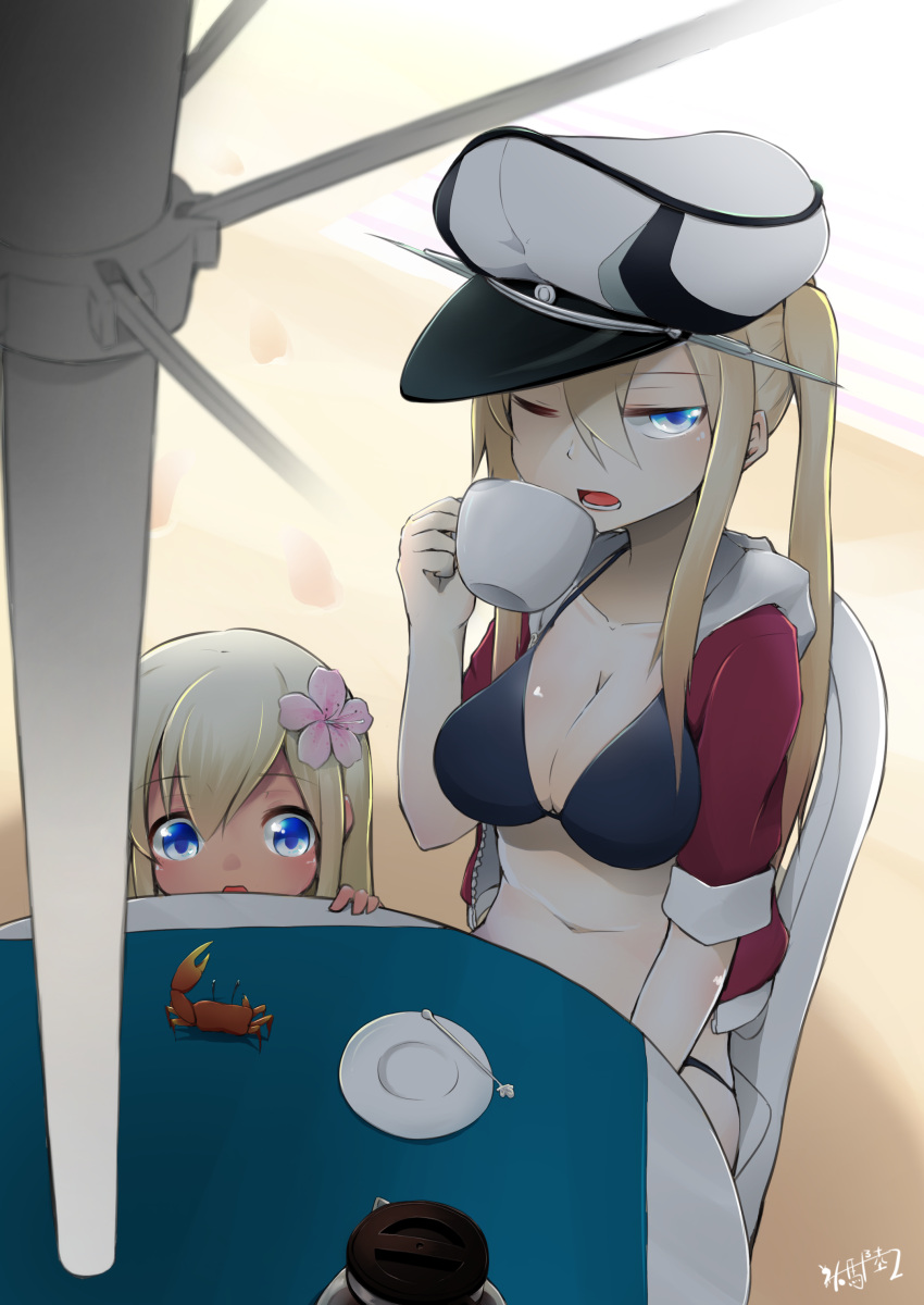 2girls absurdres arm_at_side artist_request beach_umbrella blonde_hair breasts chin_rest crab cup graf_zeppelin_(kantai_collection) hair_between_eyes hat highres jacket kantai_collection large_breasts looking_at_viewer midriff military_hat multiple_girls one_eye_closed open_clothes open_jacket open_mouth peaked_cap ro-500_(kantai_collection) sidelocks sitting table tan teacup track_jacket twintails umbrella
