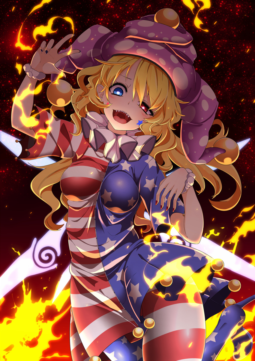 1girl american_flag_dress american_flag_legwear blonde_hair blue_eyes blush breasts clownpiece commentary_request dress facepaint fairy_wings fire hat heart heart-shaped_pupils heterochromia highres impossible_clothes jester_cap long_hair looking_at_viewer md5_mismatch medium_breasts nail_polish neck_ruff open_mouth pantyhose polka_dot red_eyes rihito_(usazukin) scrunchie sharp_teeth short_dress short_sleeves solo star star_print striped symbol-shaped_pupils teeth touhou vertical_stripes wings wrist_scrunchie