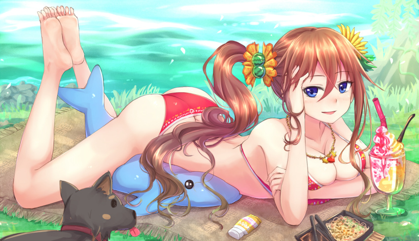 1girl ass barefoot bikini blue_eyes blush breast_press breasts brown_hair cleavage collarbone dog eyelashes feet_together flower food hair_bobbles hair_flower hair_ornament highres ice_cream jewelry knees_apart_feet_together large_breasts long_hair looking_at_viewer lotion lying necklace obentou on_stomach original parted_lips red_bikini side_ponytail smile solo stuffed_animal stuffed_dolphin stuffed_toy suikakitsu_shiro sunscreen swimsuit water xia_you_qing yakisoba