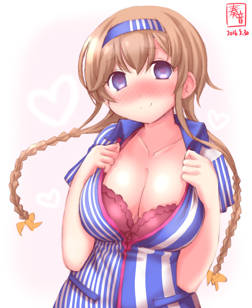 1girl alternate_costume blush bra braid breasts cleavage closed_mouth commentary_request employee_uniform frilled_bra frills gradient gradient_background hairband heart heart-shaped_pupils highres kanon_(kurogane_knights) kantai_collection large_breasts lawson long_hair looking_at_viewer simple_background solo symbol-shaped_pupils teruzuki_(kantai_collection) underwear undressing uniform upper_body violet_eyes watermark