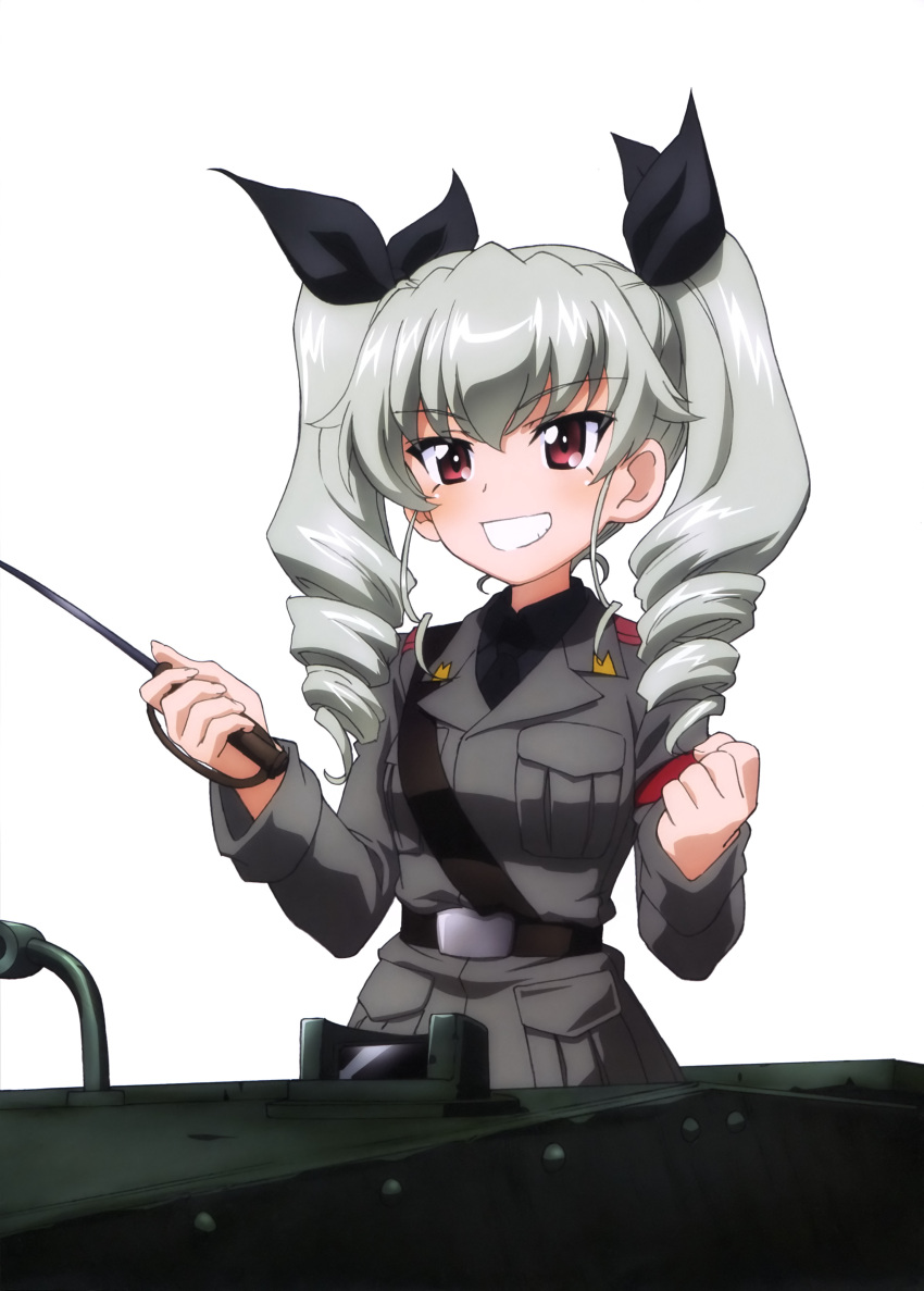 1girl absurdres anchovy girls_und_panzer grey_hair ground_vehicle highres military military_vehicle motor_vehicle official_art simple_background tank twintails uniform weapon white_background