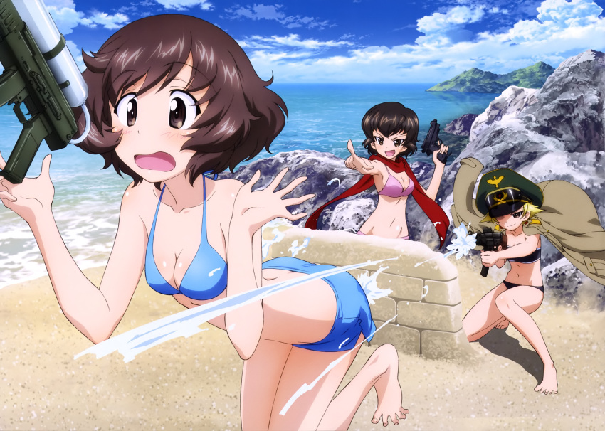 3girls :d absurdres akiyama_yukari arched_back bandeau barefoot beach bent_over bikini bikini_shorts black_bikini blonde_hair blue_bikini blush breasts brown_eyes brown_hair caesar_(girls_und_panzer) cleavage clouds d: detexted erwin_(girls_und_panzer) girls_und_panzer hat highres jacket jacket_on_shoulders messy_hair military military_uniform multiple_girls navel ocean official_art one_knee open_clothes open_jacket open_mouth outdoors peaked_cap pink_bikini pointing red_scarf rock scan scarf short_hair short_shorts shorts sky smile splashing surprised swimsuit uniform water water_gun yoshida_nobuyoshi