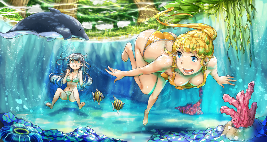 2girls absurdres air_bubble barefoot black_hair blonde_hair breath bubble coral dolphin fish freediving highres holding_breath long_hair makarony multiple_girls original puffy_cheeks swimsuit tied_hair underwater water