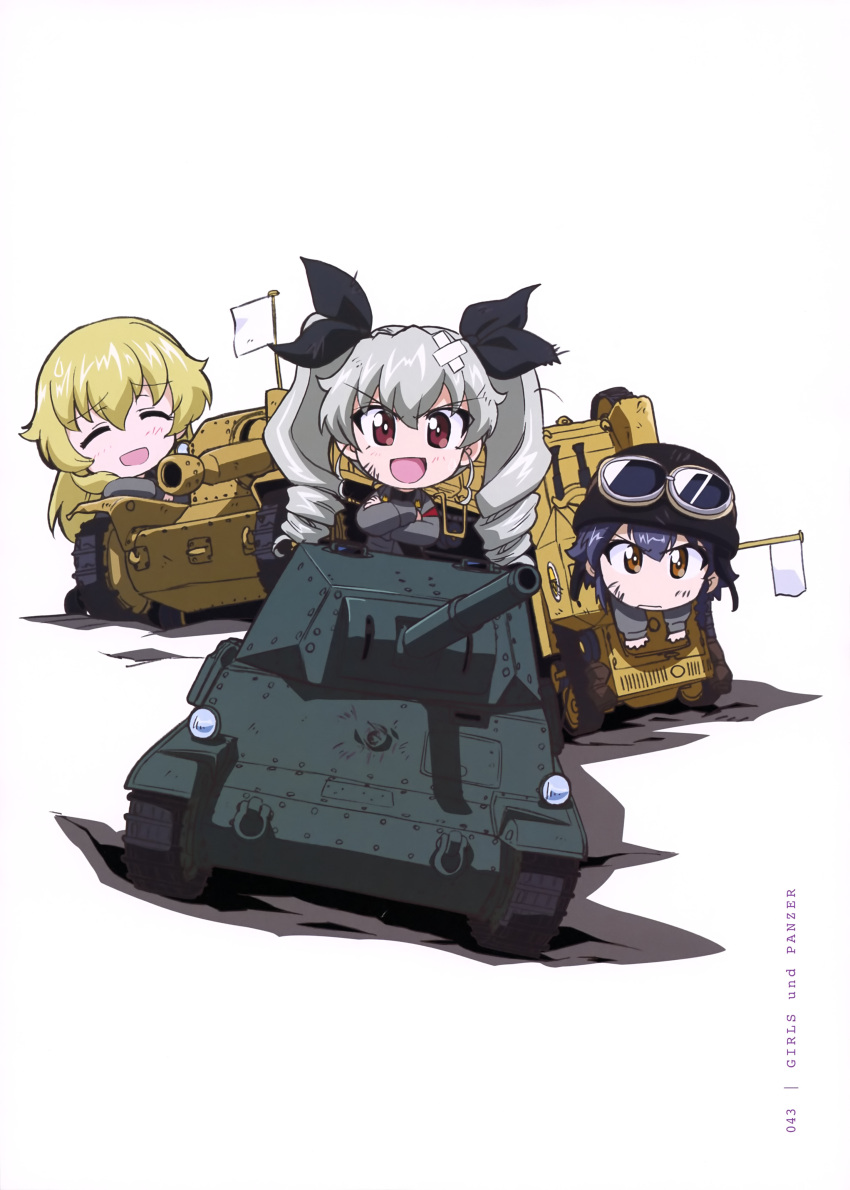 3girls absurdres anchovy carpaccio carro_armato_p40 carro_veloce_cv-33 chibi flag girls_und_panzer grey_hair ground_vehicle highres military military_vehicle motor_vehicle multiple_girls official_art pepperoni pepperoni_(girls_und_panzer) self-propelled_gun semovente_75/18 short_hair simple_background tank twintails uniform weapon white_background white_flag