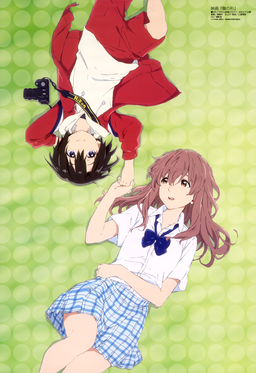 2girls absurdres blue_eyes blue_ribbon brown_eyes brown_hair camera copyright_name dress_shirt gym_shorts highres holding_hands koe_no_katachi long_hair loose_bowtie multiple_girls neck_ribbon nikon_(company) nishimiya_shouko nishimiya_yuzuru official_art open_mouth plaid plaid_skirt polka_dot polka_dot_background ribbon sawa_shinpei school_uniform shirt short_hair short_sleeves shorts siblings sisters skirt smile