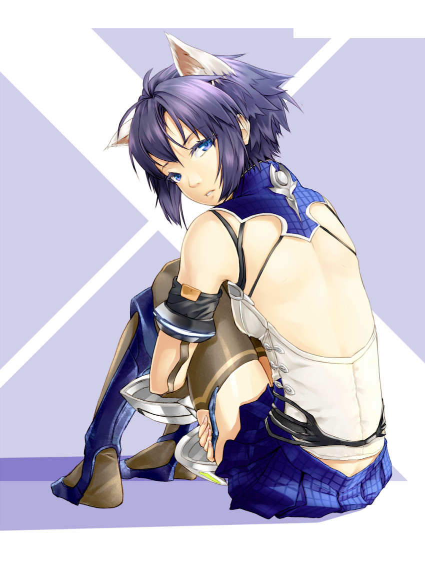 1girl animal_ears arm_garter back backless bare_shoulders blue_eyes cat_ears cross_(xenoblade_x) female highres hiko_(hiko224556) leg_hug looking_at_viewer looking_back miniskirt parted_lips pleated_skirt purple_hair short_hair sitting skirt solo thigh-highs xenoblade_chronicles_x