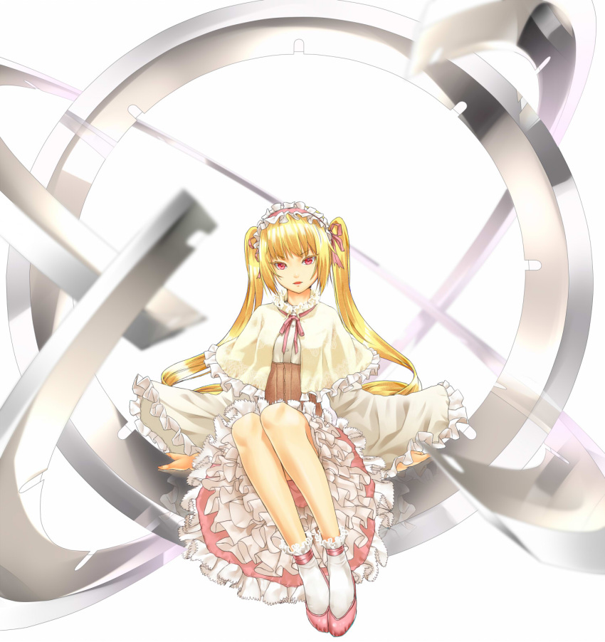 1girl blade blonde_hair capelet dress drill_hair frilled_dress frills hairband highres hiko_(hiko224556) legs_together lolita_fashion lolita_hairband long_hair looking_at_viewer original pink_eyes sitting solo twintails very_long_hair