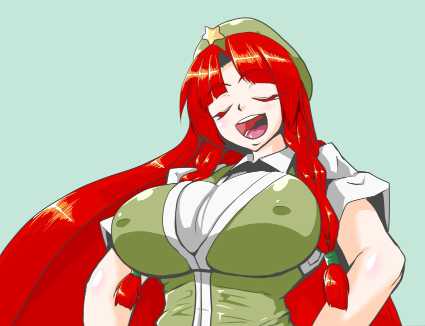 1girl braid breasts closed_eyes colored_eyelashes covered_nipples hat highres hiku hong_meiling large_breasts open_mouth redhead simple_background solo touhou twin_braids vest