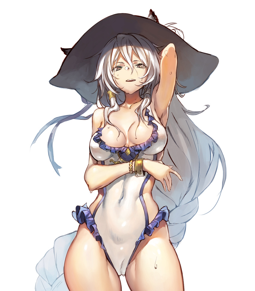1girl animal_ears armpits azuki_(azuki-taste) bracelet braid casual_one-piece_swimsuit collarbone contrapposto covered_navel frilled_swimsuit frills granblue_fantasy hat heles highres jewelry long_hair looking_at_viewer one-piece_swimsuit single_braid solo sweat swimsuit very_long_hair wet white_background white_hair yellow_eyes
