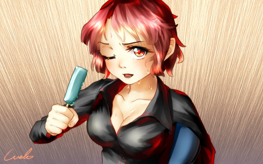 1girl breasts cleavage collarbone dripping gradient gradient_background horikawa_raiko long_sleeves looking_at_viewer medium_breasts one_eye_closed open_mouth popsicle red_eyes redhead short_hair signature solo sweat sweating touhou u-eruto yellow_background