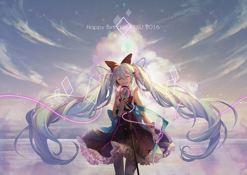 1girl 2016 character_name closed_eyes clouds dress gloves happy_birthday hatsune_miku long_hair magical_mirai_(vocaloid) microphone minland4099 pantyhose solo thigh_gap twintails very_long_hair vocaloid