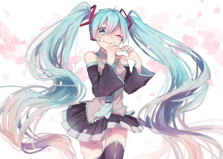 1girl aqua_eyes aqua_hair detached_sleeves hatsune_miku headphones highres long_hair moegi0926 nail_polish necktie one_eye_closed petals skirt solo thigh-highs twintails very_long_hair vocaloid