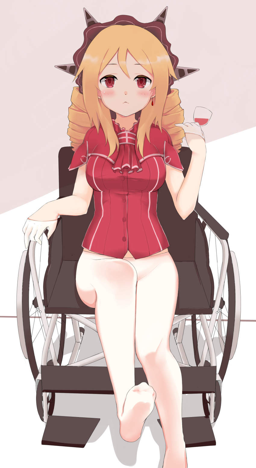 1girl :&lt; absurdres alcohol blonde_hair blush bonnet breasts capelet cup drill_hair drinking_glass ero_mang-a gloves hair_ornament highres jewelry large_breasts long_hair looking_at_viewer pantyhose red_eyes shirt short_gloves single_earring sitting sleeveless sleeveless_shirt solo warspite_(zhan_jian_shao_nyu) wheelchair white_gloves white_legwear wine wine_glass zhan_jian_shao_nyu