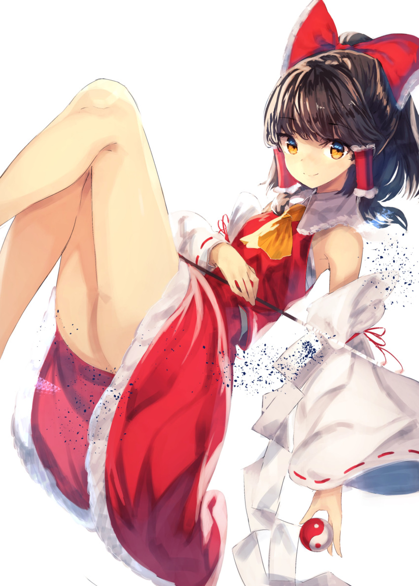 1girl absurdres ascot ass bangs bare_shoulders bei_mochi bow brown_eyes brown_hair closed_mouth detached_sleeves dress eyebrows eyebrows_visible_through_hair gohei hair_bow hair_ornament hair_tubes hakurei_reimu highres holding legs legs_up looking_at_viewer midair red_dress ribbon ribbon-trimmed_sleeves ribbon_trim short_hair sidelocks skirt skirt_set smile solo touhou wide_sleeves yin_yang