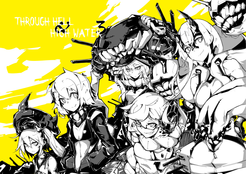 5girls backpack bag bikini_top braid breasts choker cleavage collar commentary_request convenient_censoring deel_(rkeg) destroyer_hime enemy_aircraft_(kantai_collection) english flat_chest glaring glasses gloves grin hand_on_hip hands_in_pockets headphones heavy_cruiser_hime helmet highres hood hood_down horns jacket kantai_collection looking_at_viewer monochrome multiple_girls open_clothes open_jacket re-class_battleship scarf shinkaisei-kan short_eyebrows short_hair short_hair_with_long_locks side_ponytail small_breasts smile supply_depot_hime teeth tentacles wo-class_aircraft_carrier