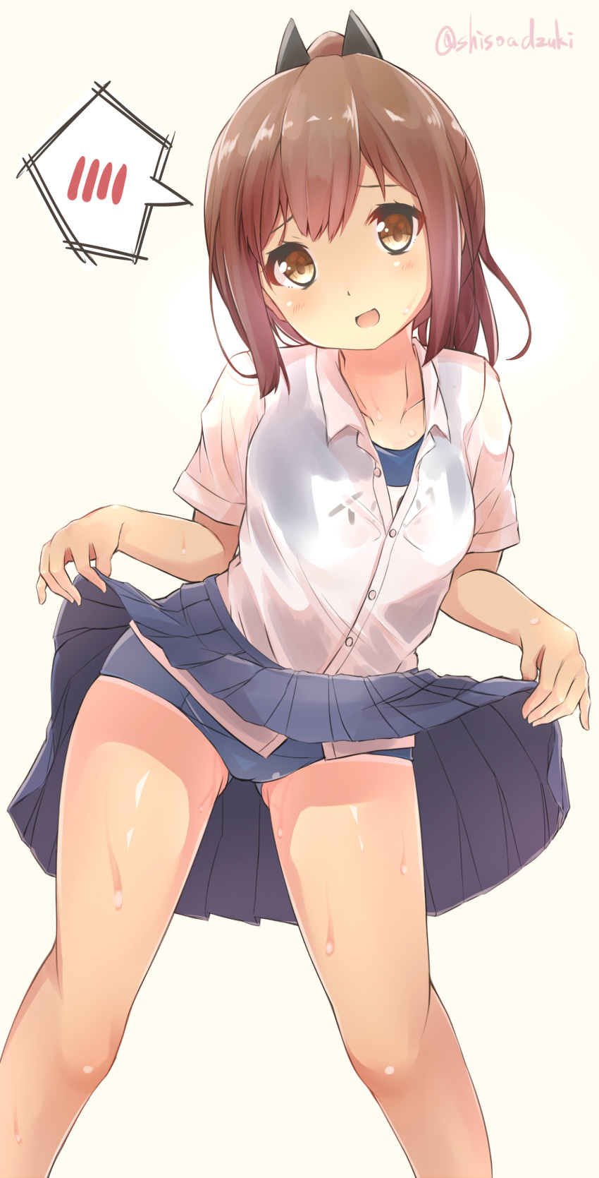 1girl :d absurdres ass_visible_through_thighs blouse blue_skirt brown_eyes brown_hair casual character_name collarbone highres i-401_(kantai_collection) kantai_collection leaning_forward looking_at_viewer miniskirt one-piece_swimsuit open_mouth pleated_skirt ponytail school_uniform see-through shiso_azuki shy skirt skirt_lift skirt_set smile spoken_blush standing swimsuit swimsuit_under_clothes thighs wet wet_clothes white_blouse