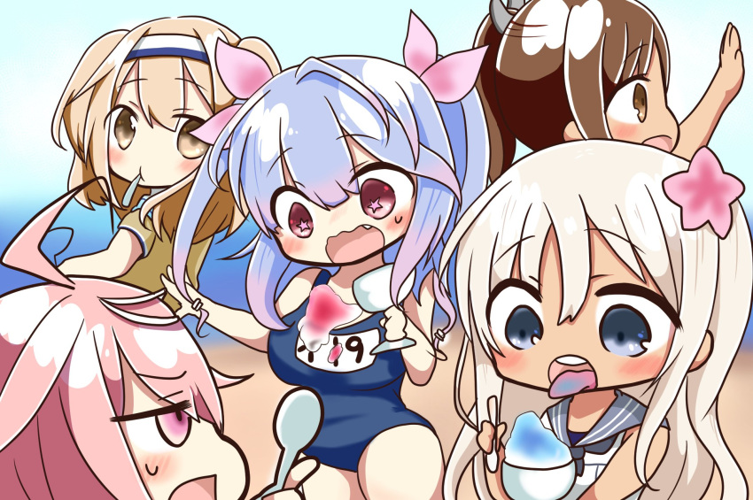 5girls blue_eyes blue_hair brown_eyes brown_hair commentary flower hair_flower hair_ornament headband highres i-19_(kantai_collection) i-26_(kantai_collection) i-401_(kantai_collection) i-58_(kantai_collection) jako_(jakoo21) kantai_collection light_brown_eyes light_brown_hair long_hair multiple_girls pink_eyes pink_hair ponytail red_eyes ro-500_(kantai_collection) school_swimsuit shaved_ice silver_hair spilled spoon spoon_in_mouth star star-shaped_pupils sweatdrop swimsuit symbol-shaped_pupils tongue tongue_out twintails