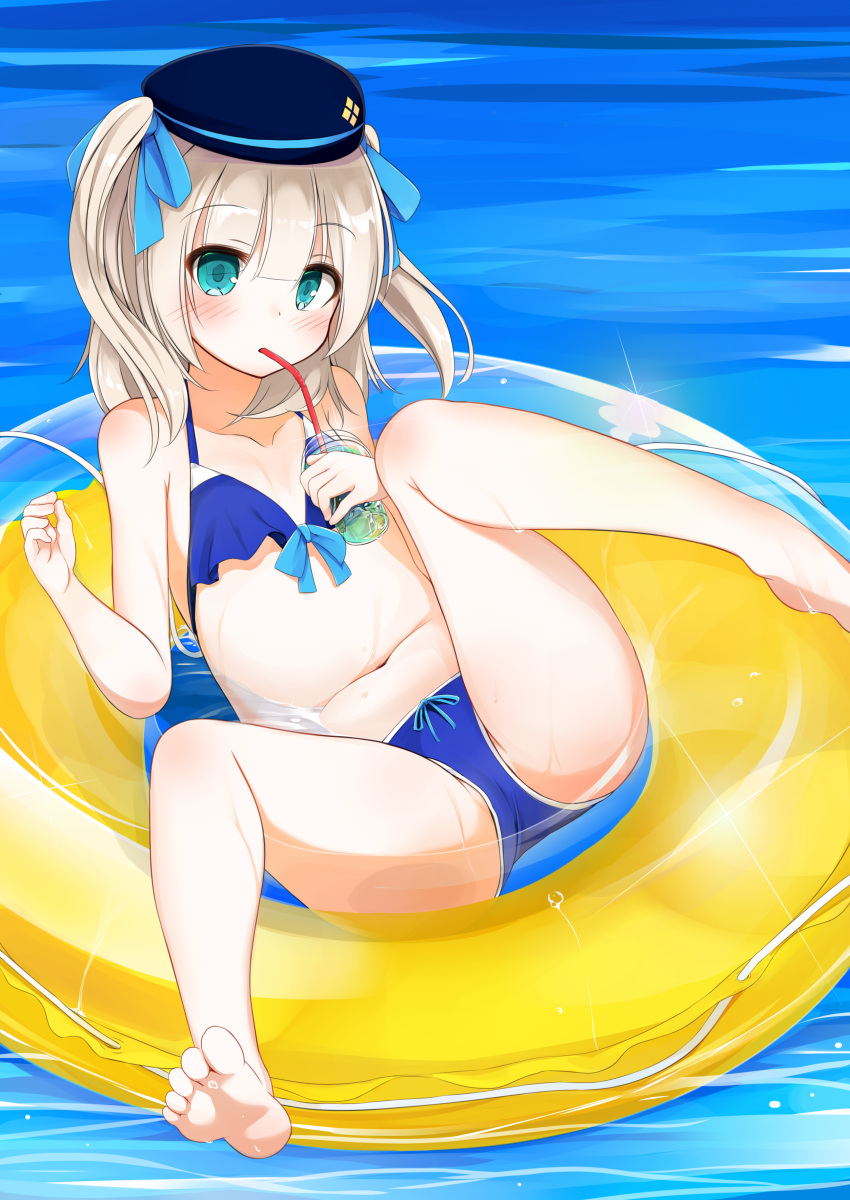 1girl absurdres afloat bare_legs barefoot bikini blue_bikini blue_eyes blush bow collarbone drinking_straw hair_bow hair_ribbon highres innertube leaf1031 looking_at_viewer lying md5_mismatch navel original partially_submerged ribbon silver_hair solo swimsuit two_side_up wet