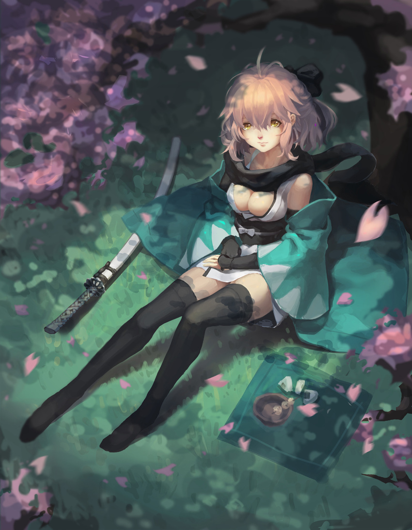 ahoge artist_request bare_shoulders blonde_hair bow breasts cherry_blossoms cleavage fate/grand_order fate_(series) grass hair_bow highres katana long_hair looking_up petals sakura_saber sheath sitting sword thigh-highs tree weapon wide_sleeves wind yellow_eyes zettai_ryouiki