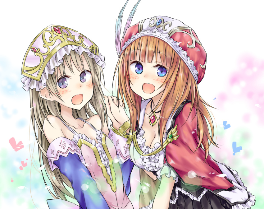 2girls alt atelier_(series) atelier_rorona atelier_totori blue_eyes blush bracelet breasts brown_hair cape cleavage detached_sleeves dress hat holding_hands jewelry long_hair multiple_girls necklace open_mouth rororina_fryxell smile totooria_helmold violet_eyes