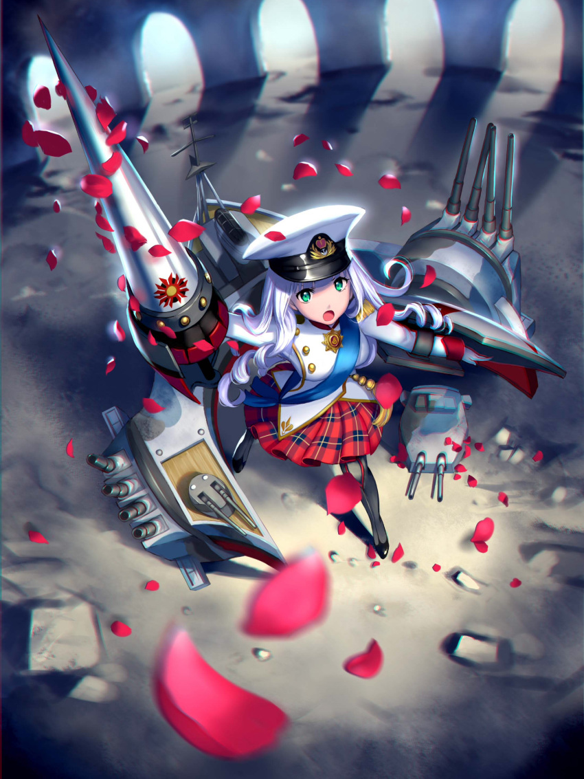 1girl arm_up bangs battleship cannon drill_hair england from_above full_body gloves green_eyes hat highres hms_prince_of_wales holding holding_weapon kantai_collection lance long_hair looking_at_viewer looking_up medal military military_hat military_uniform military_vehicle motion_blur open_mouth original petals plaid plaid_skirt pleated_skirt polearm sash shield ship skirt solo tassel uniform warship watercraft weapon white_gloves white_hair yin.