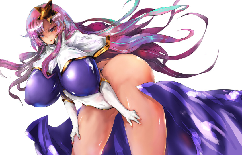 1girl bent_over blue_eyes breasts covered_navel gond gundam gundam_seed gundam_seed_destiny hair_ornament huge_breasts long_hair meer_campbell pink_hair simple_background solo thick_thighs thighs white_background